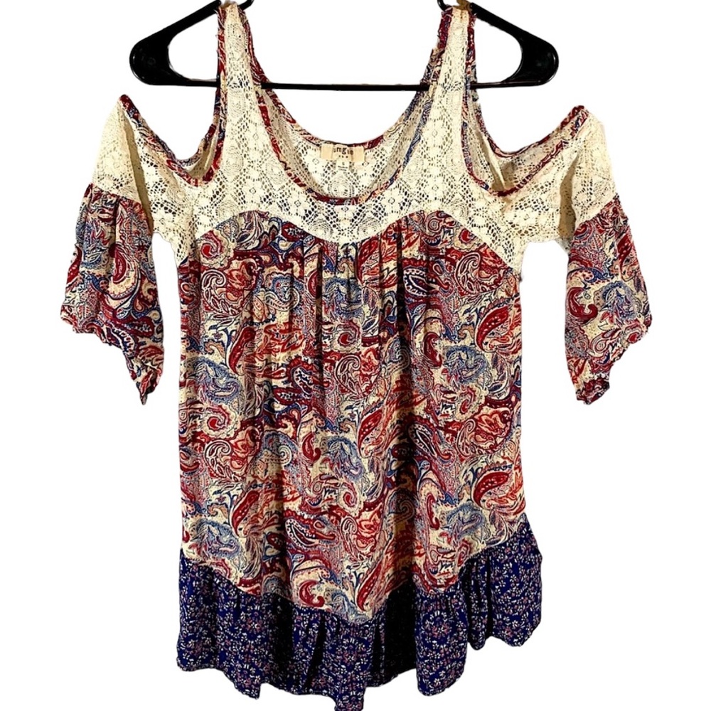 Umgee Womens Tunic Top Size S Floral Boho Mixed Media Ruffle Short Sleeve Crew